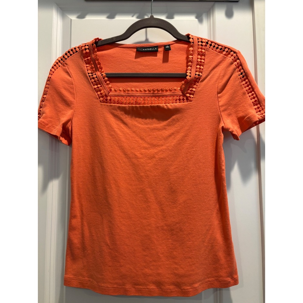 EUC Rafaella XS Crochet Trim Square Neck Top Women Orange Short Sleeve Tee